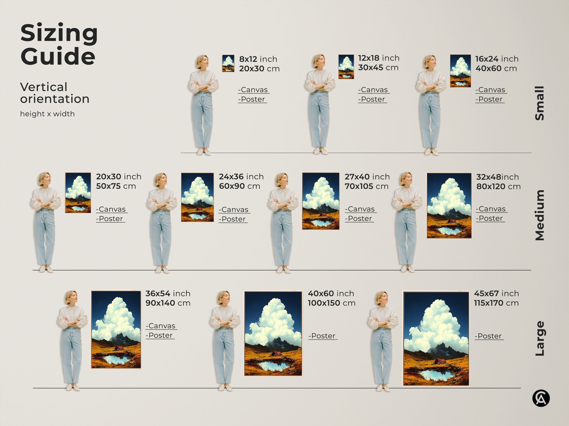 Sizing guide for scenic mountain cabin art print. Vertical orientation. See canvas and poster options in small medium and large sizes. Visualize artwork in various dimensions. Perfect for alpine lake landscape decor. Find the ideal fit for your space and rustic artwork needs.