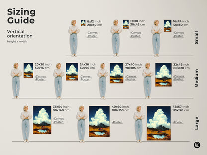 Sizing guide for scenic mountain cabin art print. Vertical orientation. See canvas and poster options in small medium and large sizes. Visualize artwork in various dimensions. Perfect for alpine lake landscape decor. Find the ideal fit for your space and rustic artwork needs.