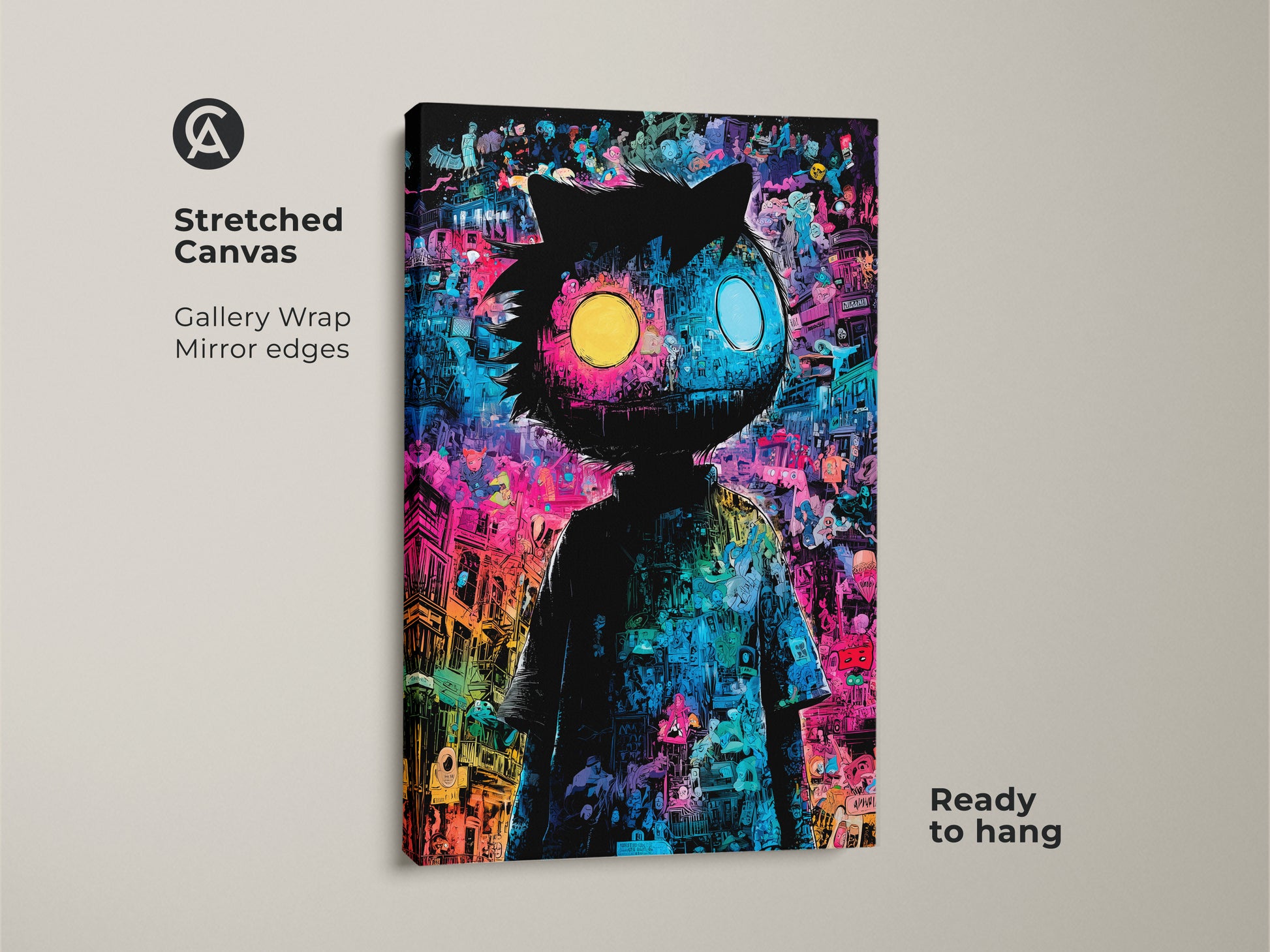 Stretched canvas art showcasing a quirky character with bright mismatched eyes. The gallery wrap and mirror edges enhance the artwork's appeal. It is ready to hang to bring playful sophistication to any room. A perfect piece for collectors.