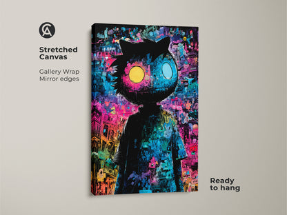 Stretched canvas art showcasing a quirky character with bright mismatched eyes. The gallery wrap and mirror edges enhance the artwork's appeal. It is ready to hang to bring playful sophistication to any room. A perfect piece for collectors.