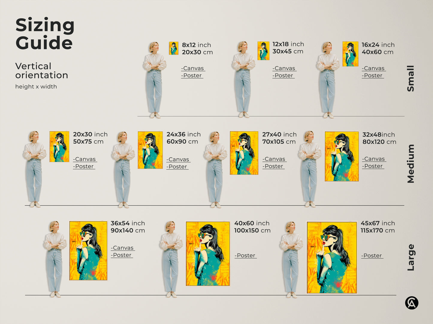 Sizing guide for a vertical pop art woman portrait. Available in small medium and large sizes. Choose from canvas or poster. Find the perfect fit for your space. The artwork adds a retro touch to your home decor.