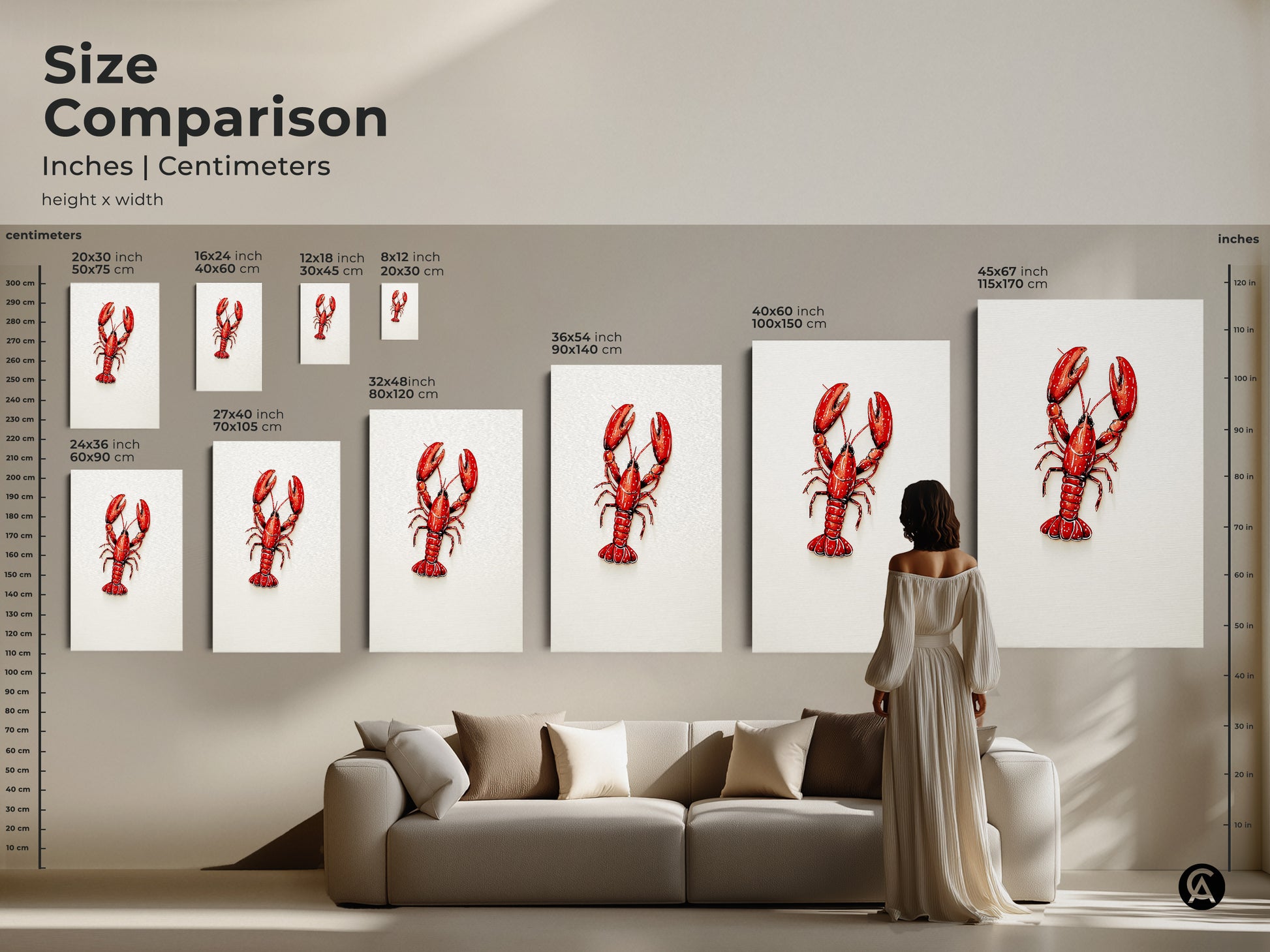 Size comparison for inches and centimeters. Various sizes of Red Lobster artwork are displayed. From 8x12 inches to 45x67 inches. This coastal art enhances any living room. This is perfect for seafood lovers.