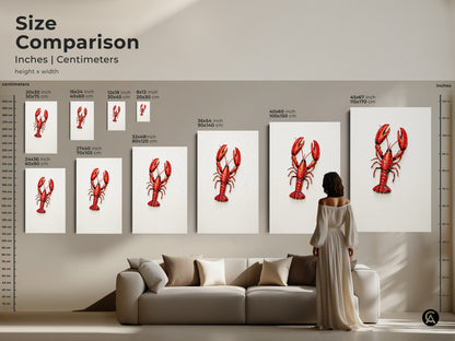 Size comparison for inches and centimeters. Various sizes of Red Lobster artwork are displayed. From 8x12 inches to 45x67 inches. This coastal art enhances any living room. This is perfect for seafood lovers.