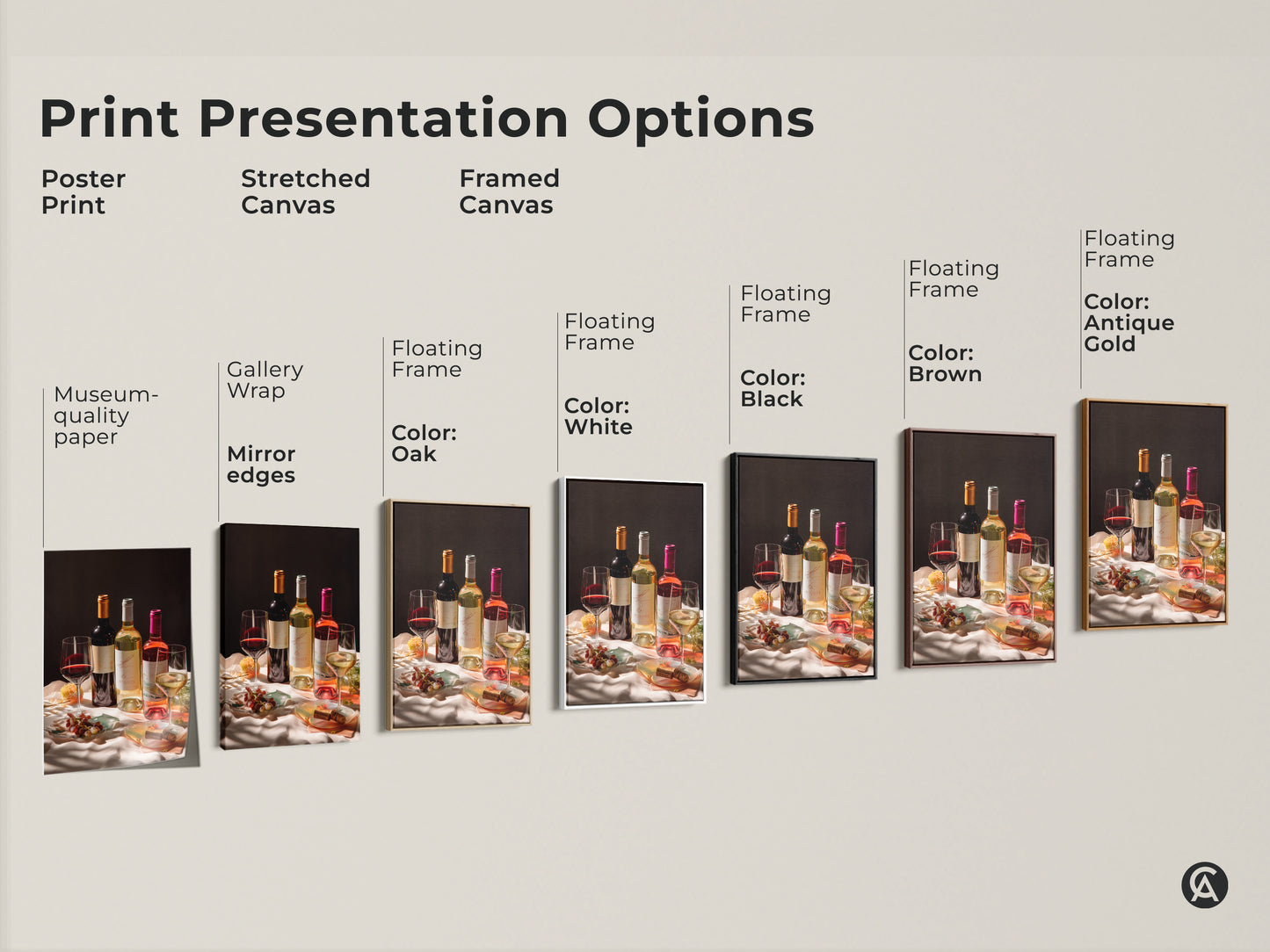 Explore our print presentation options for wine still life artwork. Choose from poster prints to stretched canvas and framed canvas. Each showcases photorealistic bottles and glasses. Various frame colors available including black brown antique gold and white. Enhance any space with this elegant art.