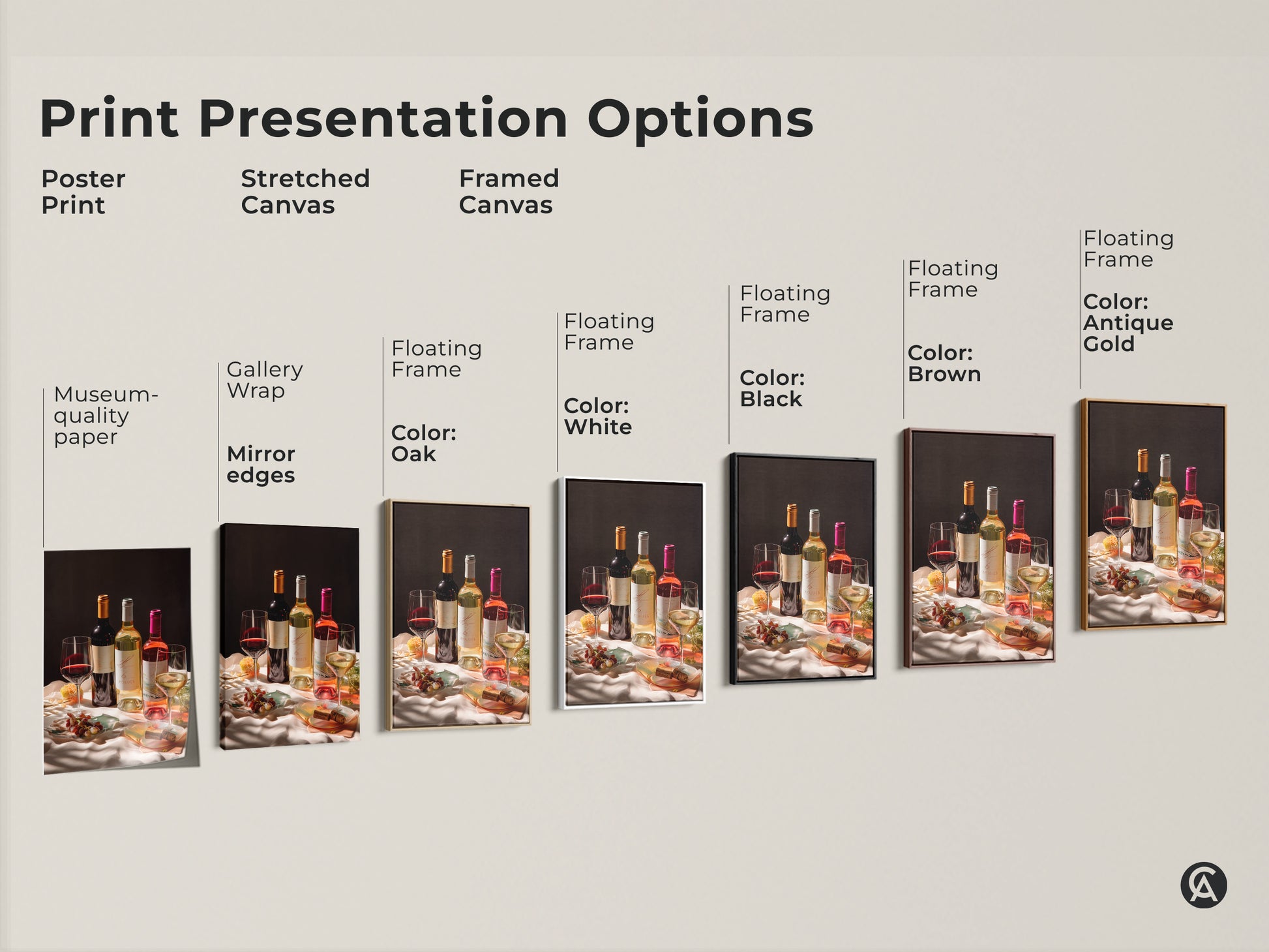 Explore our print presentation options for wine still life artwork. Choose from poster prints to stretched canvas and framed canvas. Each showcases photorealistic bottles and glasses. Various frame colors available including black brown antique gold and white. Enhance any space with this elegant art.