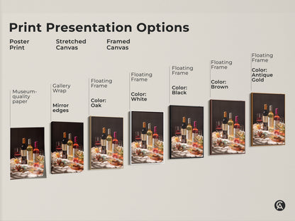 Explore our print presentation options for wine still life artwork. Choose from poster prints to stretched canvas and framed canvas. Each showcases photorealistic bottles and glasses. Various frame colors available including black brown antique gold and white. Enhance any space with this elegant art.