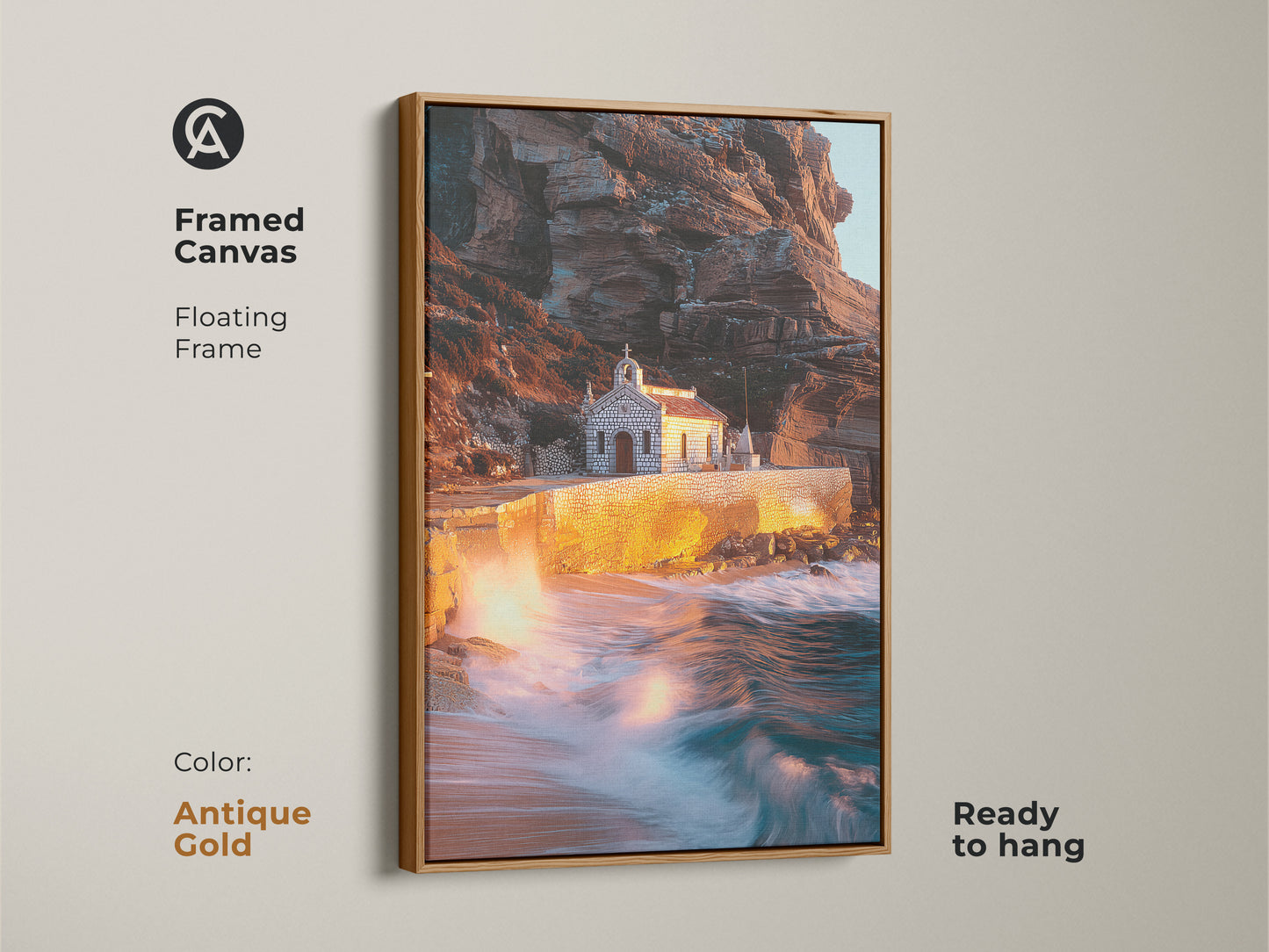 Antique gold framed canvas art features a coastal chapel. The floating frame highlights the warm earth tones and teal seascape. Ready-to-hang ocean view artwork showcases dramatic waves. This is a perfect traveler gift idea or art for beach lovers.