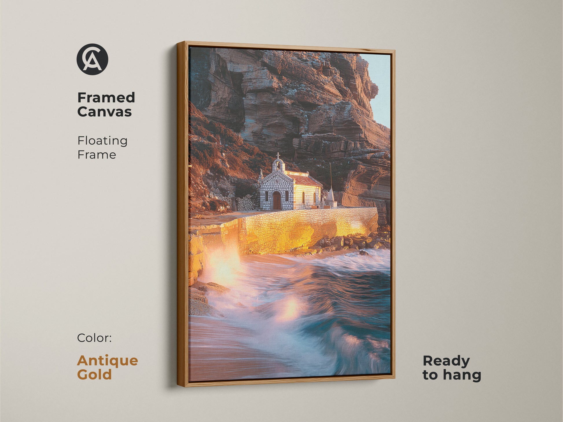 Antique gold framed canvas art features a coastal chapel. The floating frame highlights the warm earth tones and teal seascape. Ready-to-hang ocean view artwork showcases dramatic waves. This is a perfect traveler gift idea or art for beach lovers.