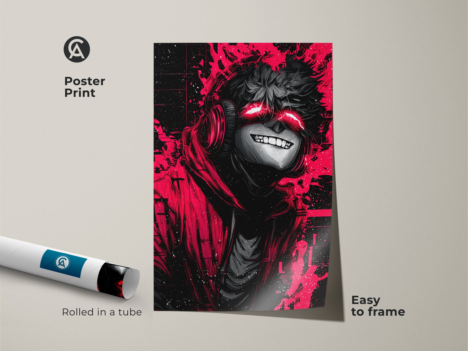 Get this vibrant poster print featuring an anime character with glowing red eyes. The artwork is easy to frame and arrives rolled in a tube. This poster is a great way to add a pop of color and edgy style to your decor.