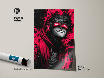 Get this vibrant poster print featuring an anime character with glowing red eyes. The artwork is easy to frame and arrives rolled in a tube. This poster is a great way to add a pop of color and edgy style to your decor.