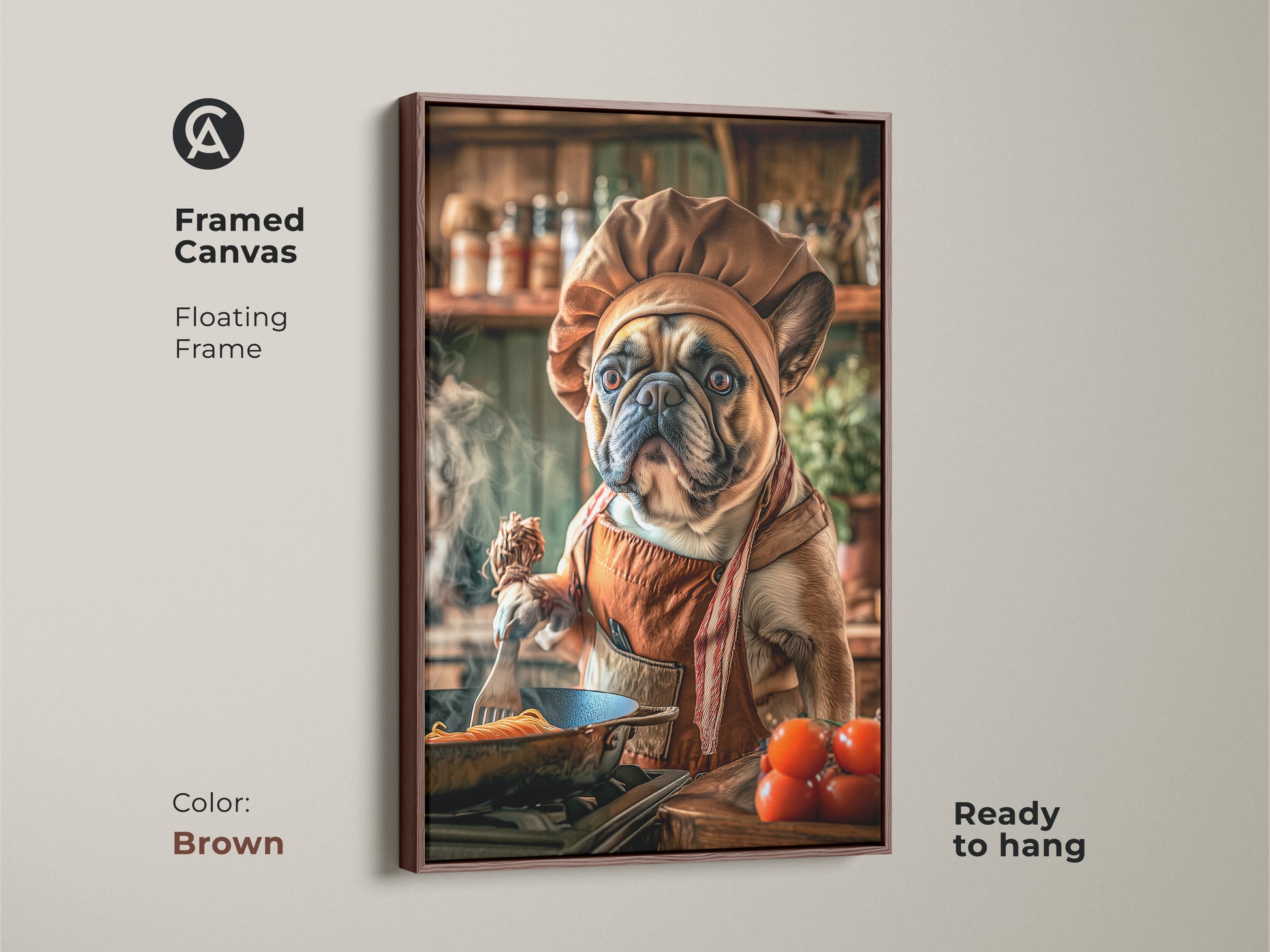 Brown framed canvas of a French Bulldog chef. The tan and orange Frenchie is in a floating frame. The pet chef poster is ready to hang. This unique animal chef illustration offers unique pet art.