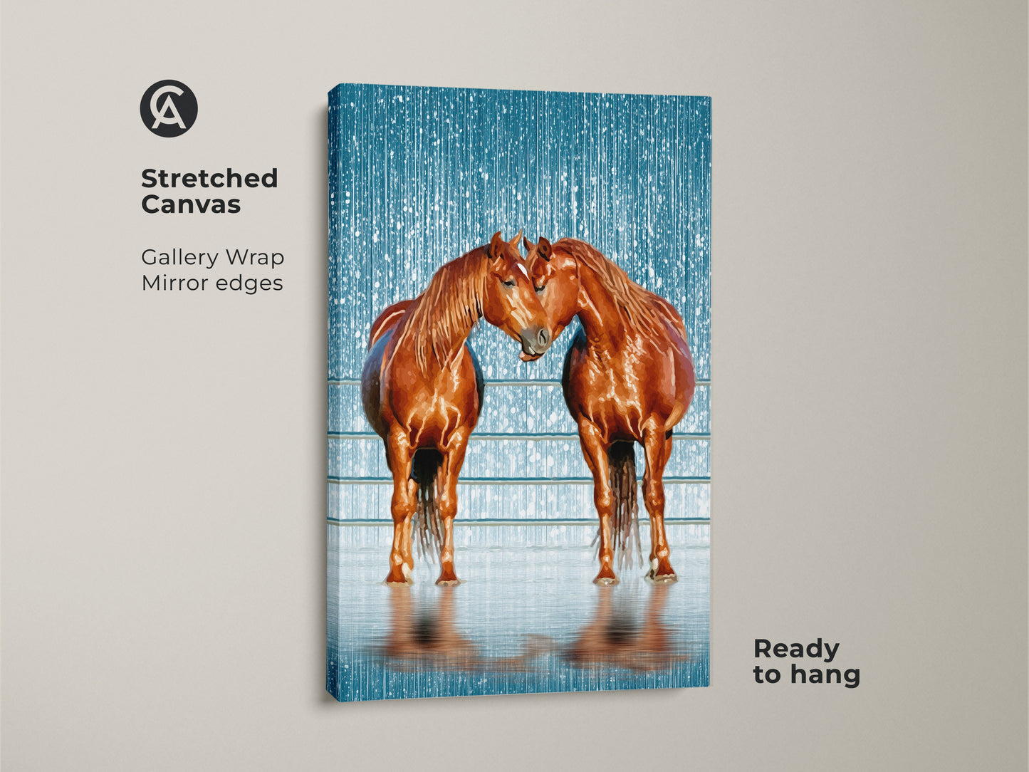 Close-up of a stretched canvas print featuring two rustic brown horses. The gallery wrap has mirrored edges with a textured blue backdrop and falling snow effect. This equestrian art is ready to hang and perfect for animal lovers or farmhouse decor.