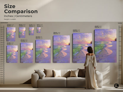 Size comparison of impressionistic beach sunset canvas art. Coastal ocean waves wall print shown in various dimensions. The purple pink sky landscape complements a modern living room. Seaside home decor adds tranquility to any space.