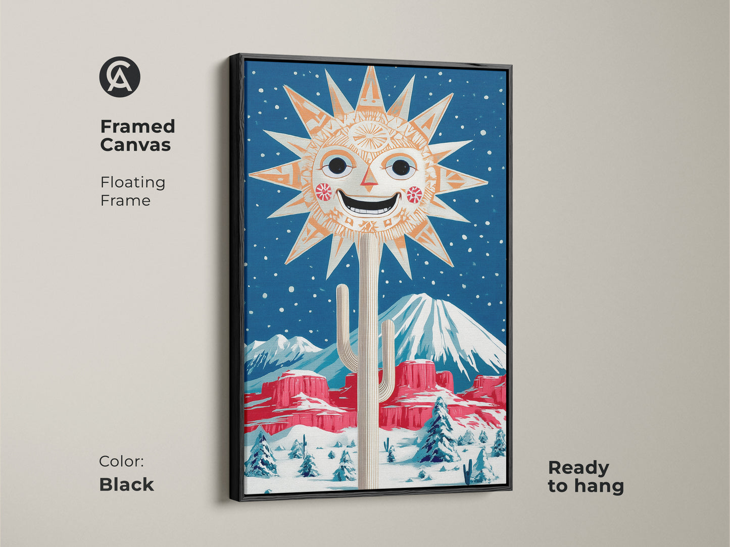 Framed canvas of a retro sun and cactus artwork with a black floating frame. This folk art print captures a snowy desert landscape and is ready to hang. The orange and blue color palette adds an eclectic touch. Perfect for an entryway wall art print with artistic desert scene.