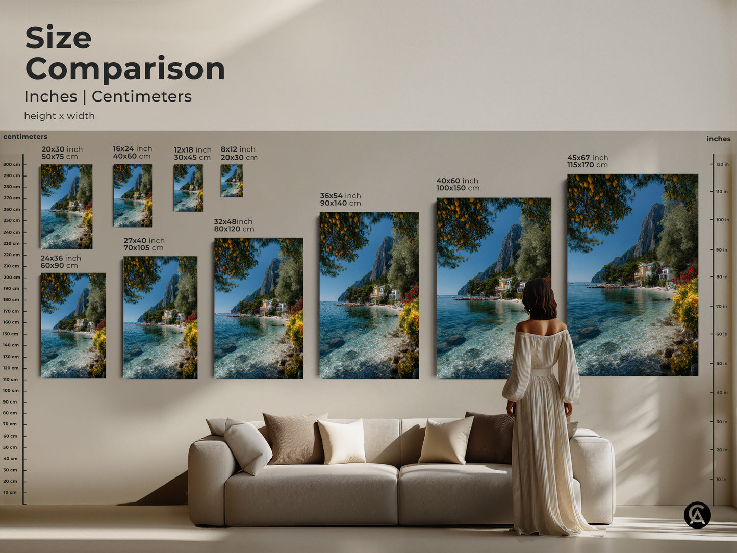 Size comparison of Mediterranean lemon tree artwork in inches and centimeters. Visualize how different sizes fit above a sofa. Compare 16x24 to 45x67 inch prints. Find the perfect scale for this scenic coastal villa art to enhance your living space decor.