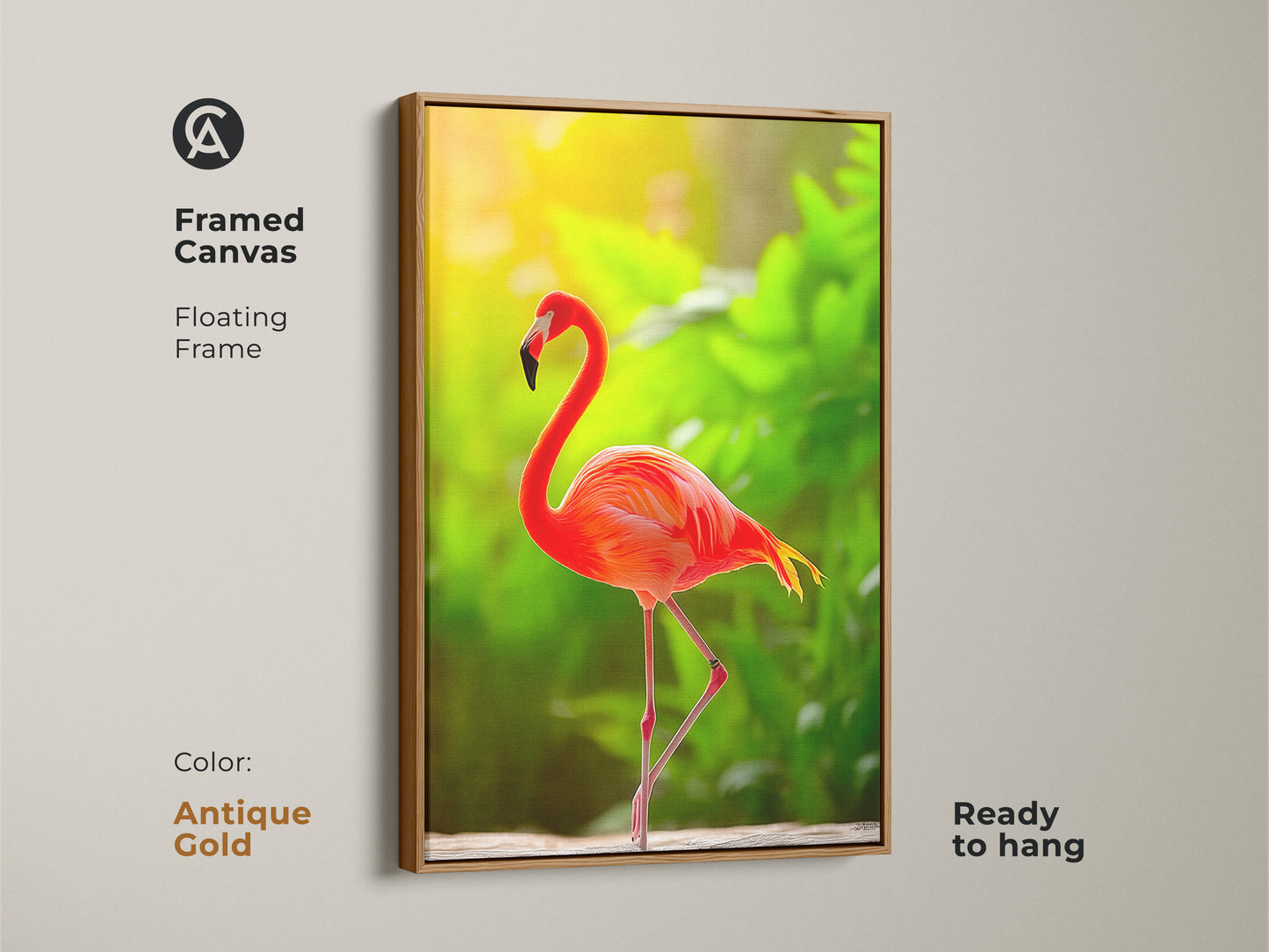 Framed canvas art featuring a flamingo. The coral orange bird adds exotic flair. Floating frame enhances the wildlife artwork. Boho bedroom decor at its best. Ready to hang with an antique gold frame. Perfect for bird art lovers.