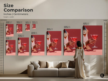 Size comparison of a rose martini artwork in inches and centimeters. A woman views the art prints to help you decide which size to choose. This piece adds sophistication to any contemporary bar.