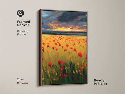Framed canvas showcases a brown floating frame and a vibrant poppy field. This ready to hang landscape art brings natural charm to any space. A perfect housewarming gift for lovers of nature artwork.