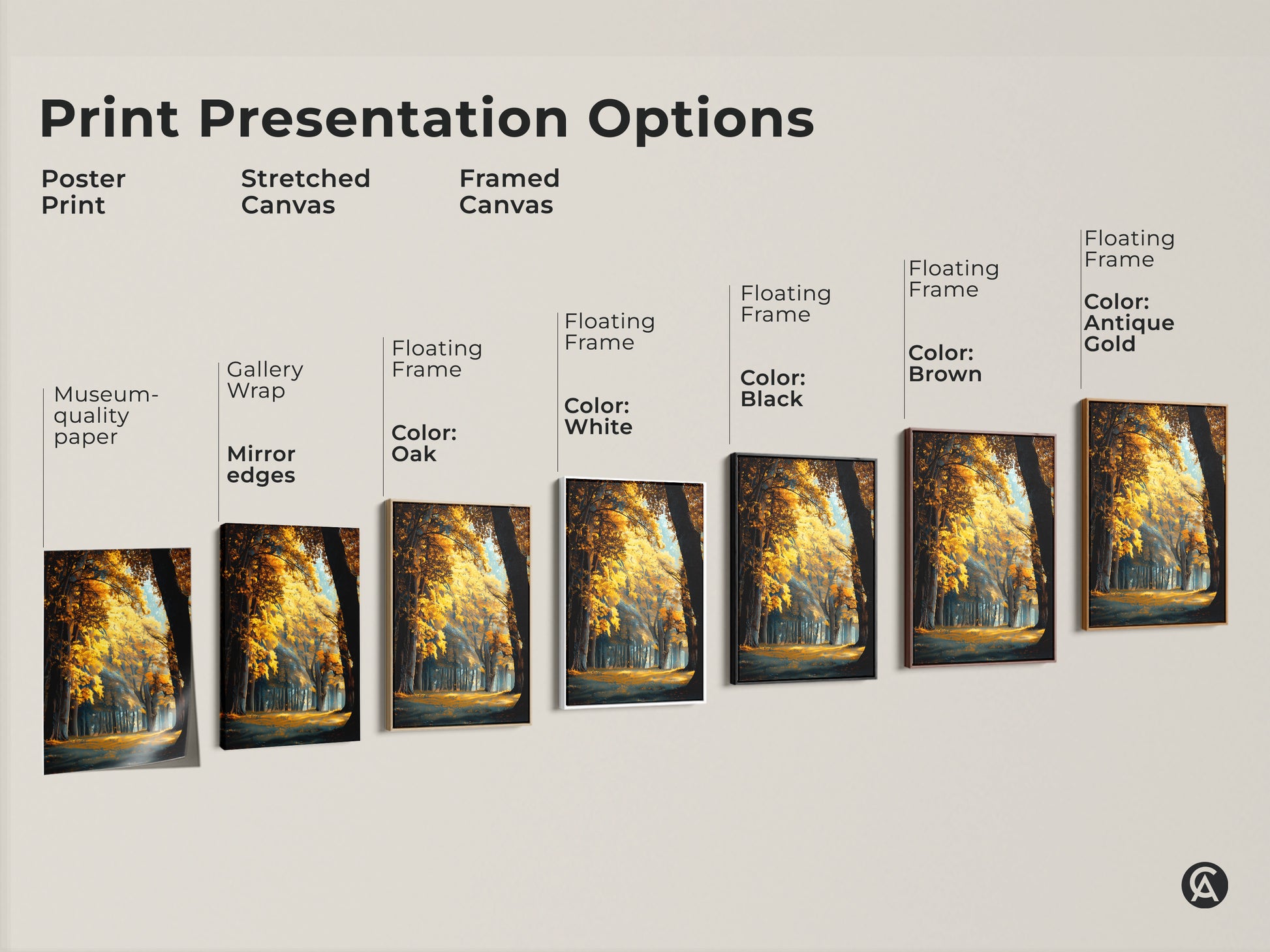 Explore print presentation options for this forest artwork. Choose from poster prints stretched canvas or framed canvas. Customize the perfect wall art for your space.