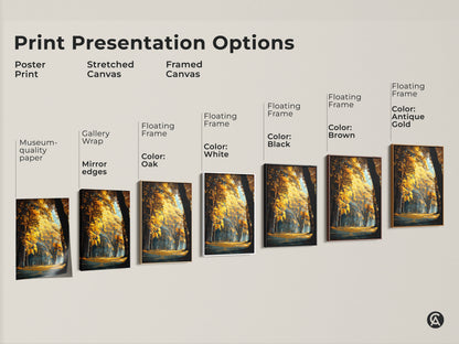Explore print presentation options for this forest artwork. Choose from poster prints stretched canvas or framed canvas. Customize the perfect wall art for your space.