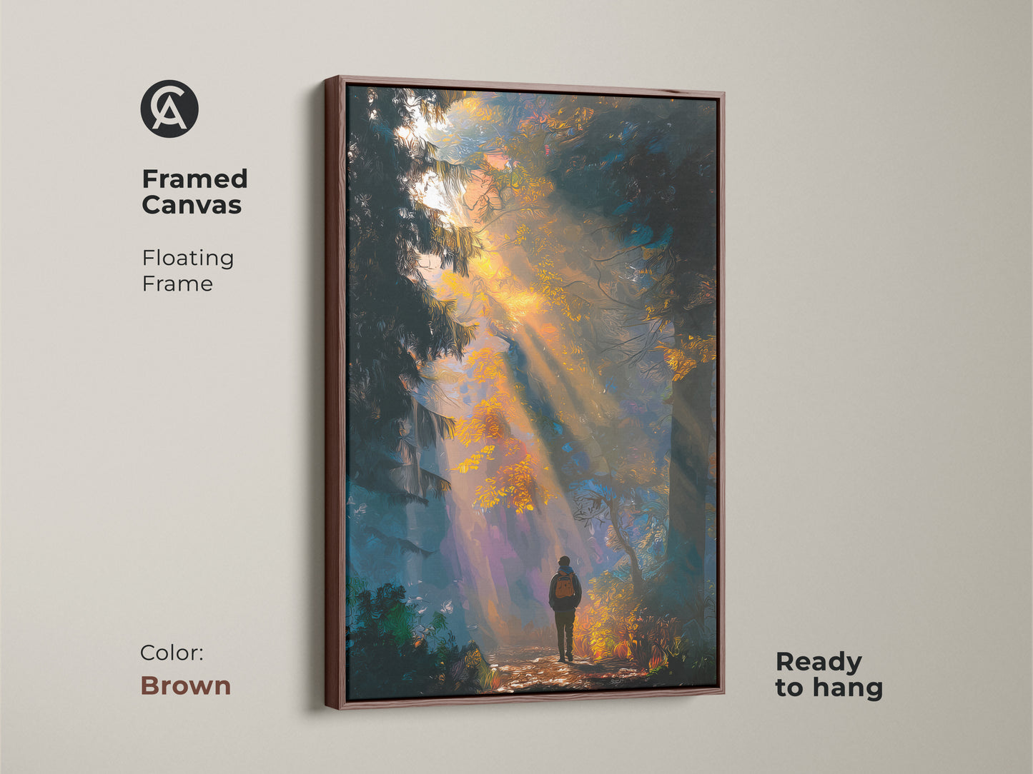 Framed canvas art with a brown floating frame showcasing a hiker in a sunlit forest. This ready-to-hang piece is perfect for nature lovers. The warm tones of the frame complement the artwork. Add a touch of natural beauty to your decor with this framed print.