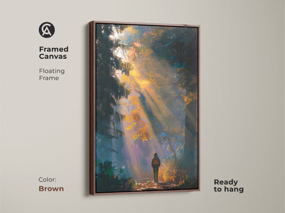 Framed canvas art with a brown floating frame showcasing a hiker in a sunlit forest. This ready-to-hang piece is perfect for nature lovers. The warm tones of the frame complement the artwork. Add a touch of natural beauty to your decor with this framed print.