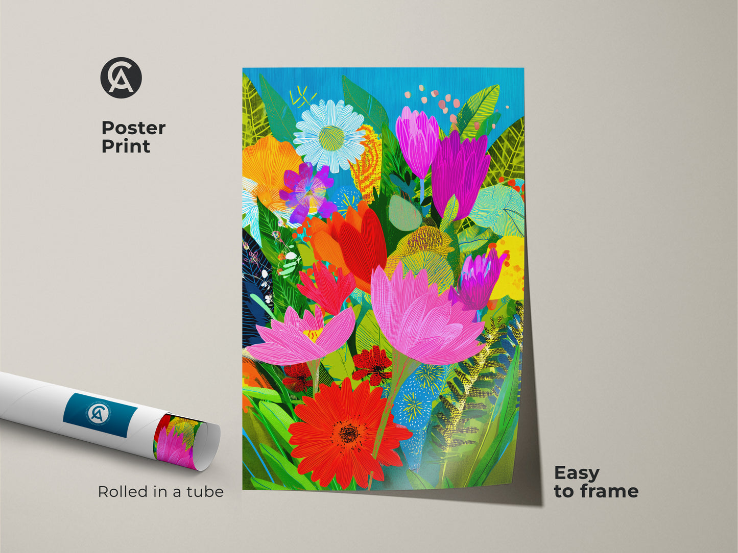 Poster print of abstract floral wall art rolled in a tube. Easy to frame botanical art print for boho home decor. The colorful flower art is a modern folk art print. This plant lover gift comes ready to display and adds a vibrant touch.