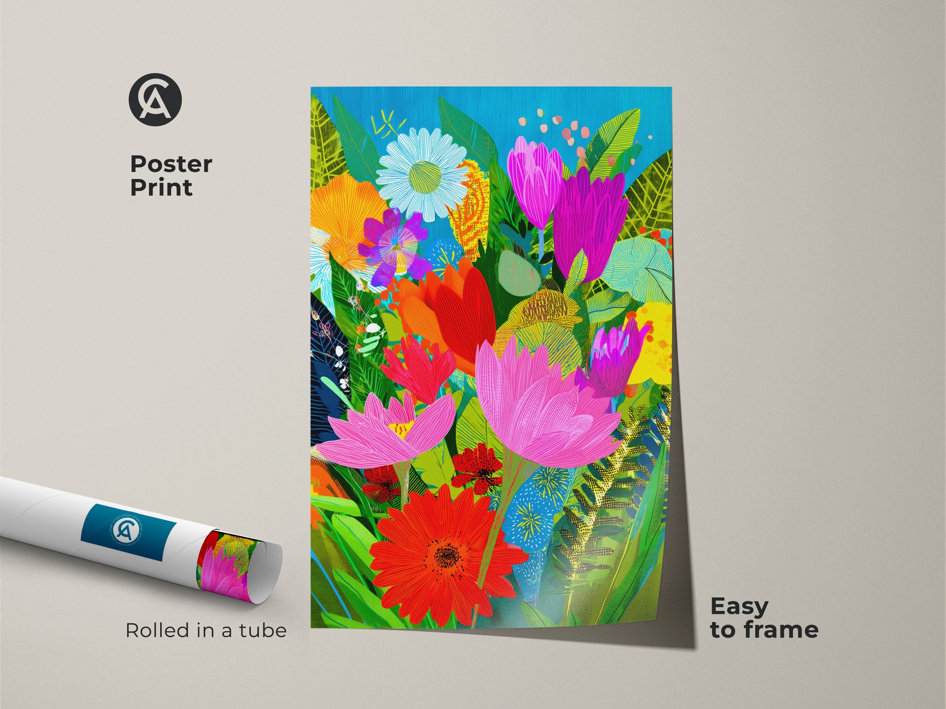 Poster print of abstract floral wall art rolled in a tube. Easy to frame botanical art print for boho home decor. The colorful flower art is a modern folk art print. This plant lover gift comes ready to display and adds a vibrant touch.