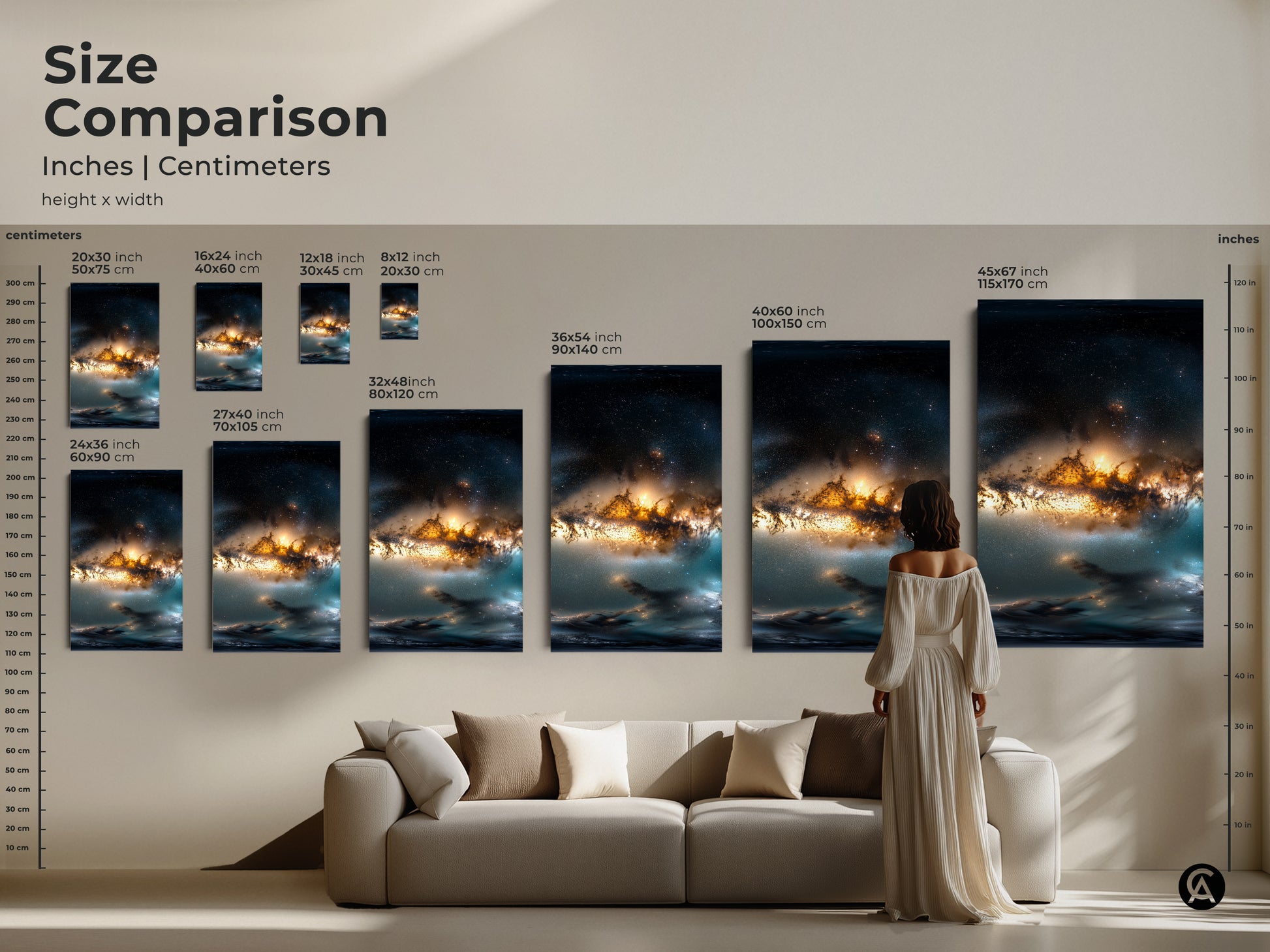 Size comparison of space nebula artwork in inches and centimeters. See how different sizes of canvas and posters transform a living space. Choose the perfect scale to create an impact with this celestial artwork. Find the ideal fit for your home.