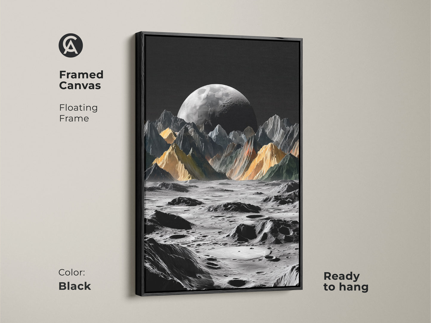 Framed canvas features floating frame displays a captivating black and yellow lunar scene. The surreal moon landscape art is ready to hang. This contemporary office artwork features dramatic lunar mountains. Ideal for adding a touch of cosmic aesthetic to any interior.