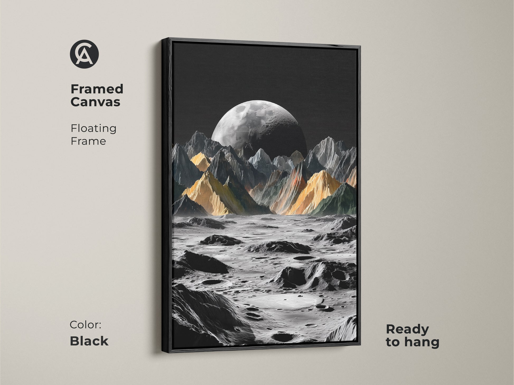 Framed canvas features floating frame displays a captivating black and yellow lunar scene. The surreal moon landscape art is ready to hang. This contemporary office artwork features dramatic lunar mountains. Ideal for adding a touch of cosmic aesthetic to any interior.