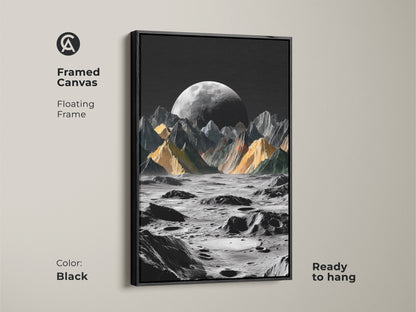 Framed canvas features floating frame displays a captivating black and yellow lunar scene. The surreal moon landscape art is ready to hang. This contemporary office artwork features dramatic lunar mountains. Ideal for adding a touch of cosmic aesthetic to any interior.