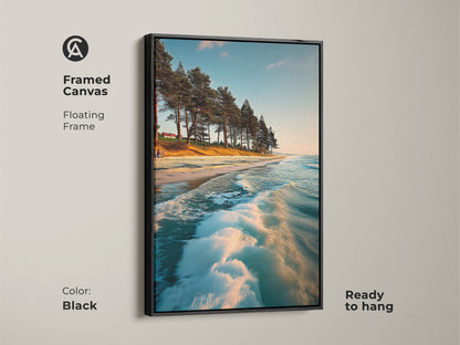 Black framed canvas featuring a floating frame with ocean waves and pine trees. This beach art is ready to hang offering a calming coastal view. Perfect for adding a touch of seaside landscape to your living room.