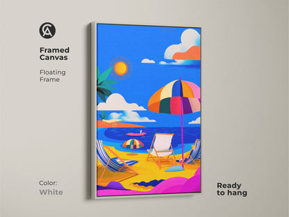 Framed canvas print of a colorful beach scene in a white floating frame. This ready-to-hang artwork adds a fresh and vibrant touch to your space. The beach chairs and umbrella create a relaxing coastal vibe. The bright colors bring the feeling of summer into your home with this framed canvas art.