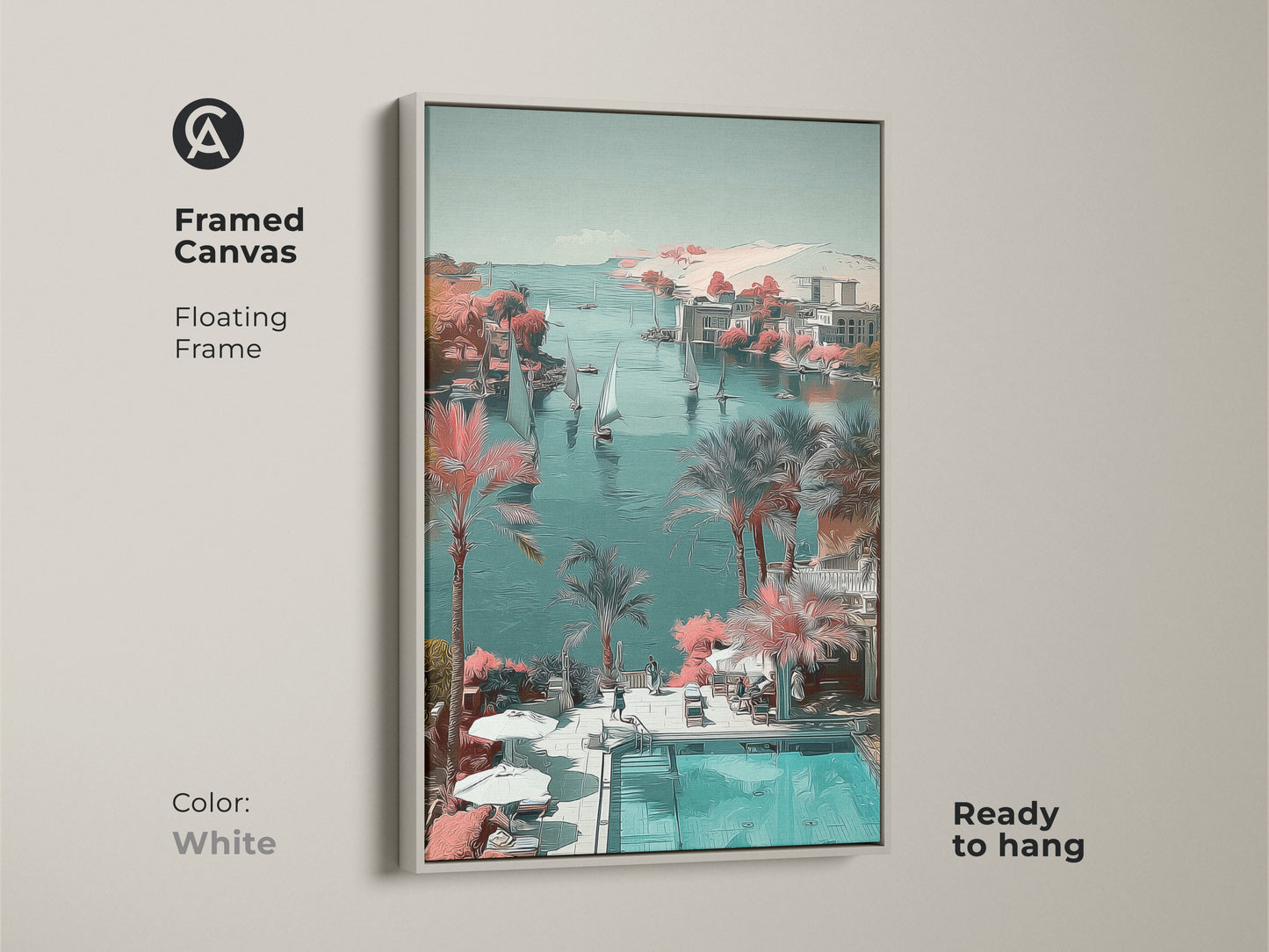 A white framed coastal sailboat canvas art print. This teal aqua palm tree print is nautical landscape wall art. It is a perfect beach house bedroom decor and ready to hang. The stylized coastal scene artwork is serene.