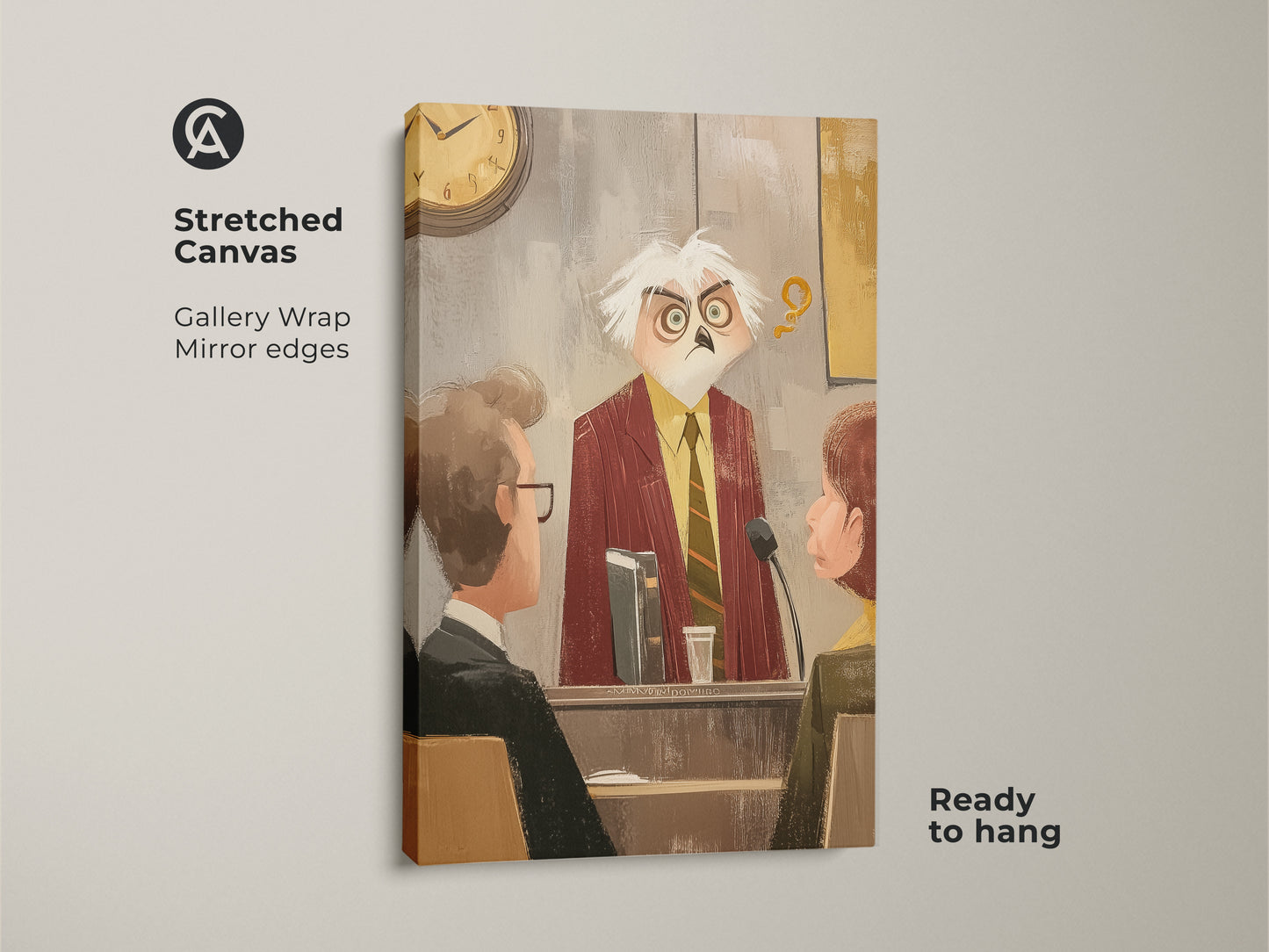Stretched canvas gallery wrap featuring an owl judge in a courtroom. The mirror edges provide a modern look to this unique art. Ideal as a gift for lawyers it adds a whimsical touch. Ready to hang and admire its funny eclectic style.