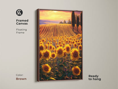 This framed sunflower field artwork brings a warm botanical feel to any room. A floating brown frame enhances the art. The print captures the golden sunset. Perfect for farmhouse decor this canvas is ready to hang.