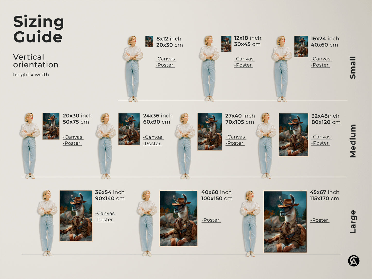 Sizing guide displaying the vertical orientation and height. This artwork features a surreal Cowboy Llama art print. Available in canvas and poster formats in small medium and large sizes to fit various spaces.