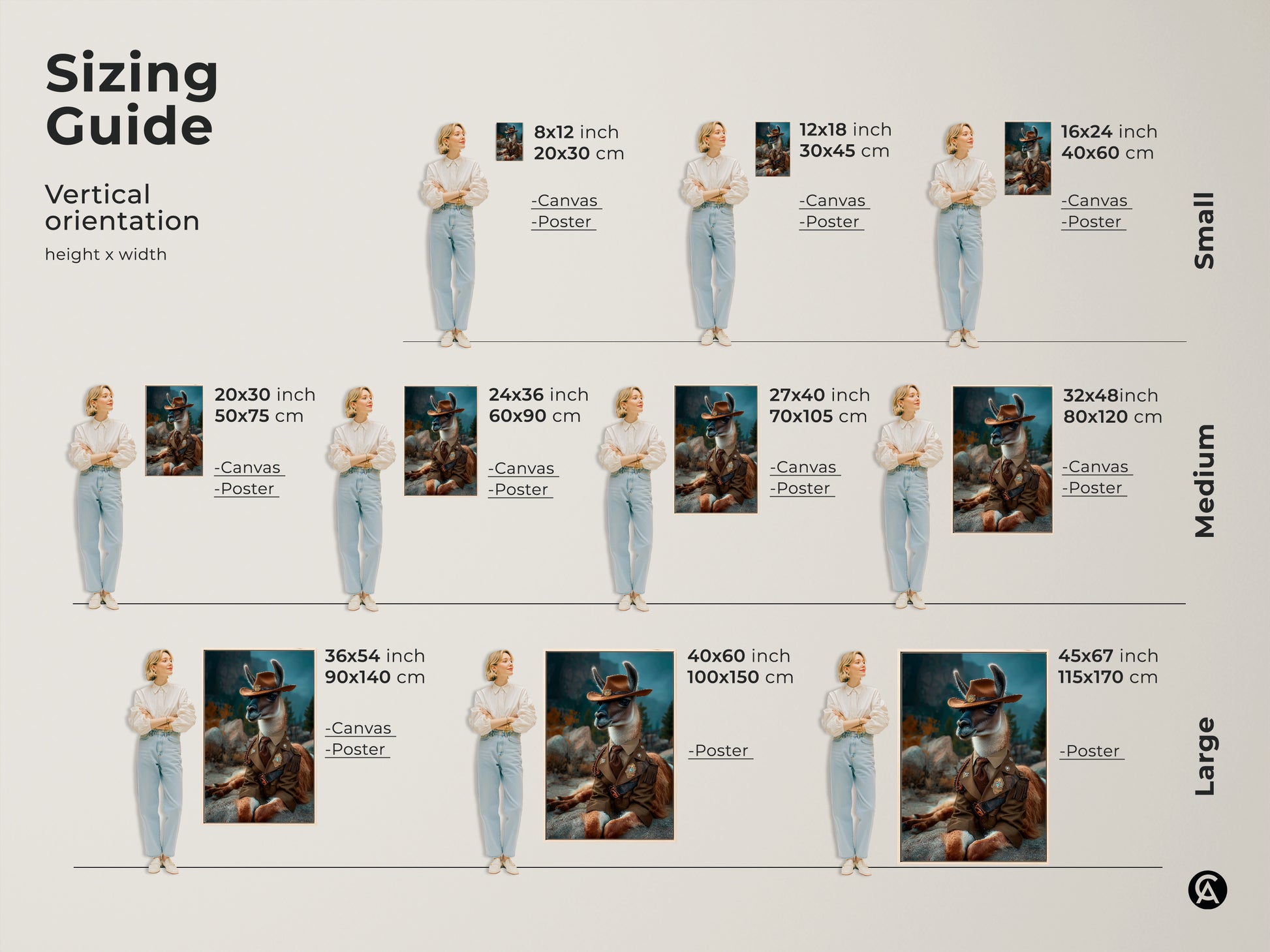 Sizing guide displaying the vertical orientation and height. This artwork features a surreal Cowboy Llama art print. Available in canvas and poster formats in small medium and large sizes to fit various spaces.