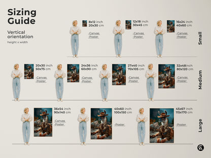 Sizing guide displaying the vertical orientation and height. This artwork features a surreal Cowboy Llama art print. Available in canvas and poster formats in small medium and large sizes to fit various spaces.