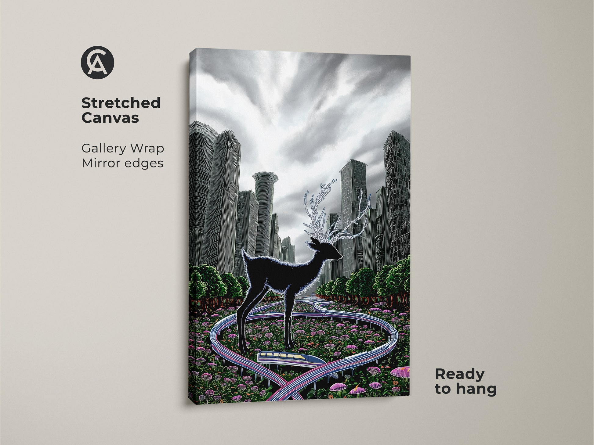 See the surreal deer cityscape on stretched canvas. Gallery wrapped with mirrored edges it's ready to hang. This black green grey animal artwork is modern eclectic decor. The deer stands in a futuristic city. This print is ideal for animal and art lovers.