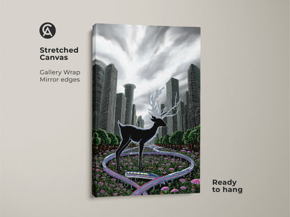 See the surreal deer cityscape on stretched canvas. Gallery wrapped with mirrored edges it's ready to hang. This black green grey animal artwork is modern eclectic decor. The deer stands in a futuristic city. This print is ideal for animal and art lovers.