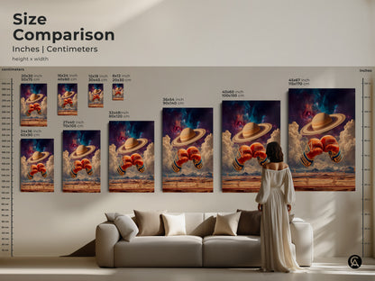 Size comparison of cosmic art prints. See the inches and centimeters. Boxing gloves and Saturn are depicted. This art is available in various sizes. Choose from small to large. Ideal for any space lover or boxing fan.
