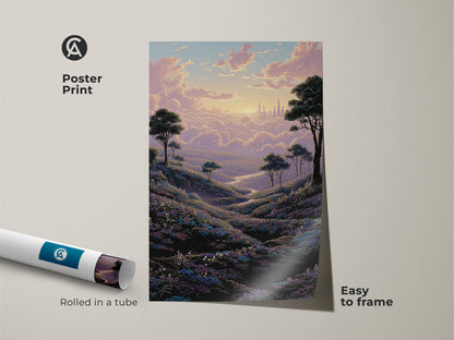 Fantasy landscape poster print featuring a dreamy cityscape and flower field. This impressionistic art is rolled in a tube and easy to frame. Soft pastel colors make it perfect for bedroom wall decor.
