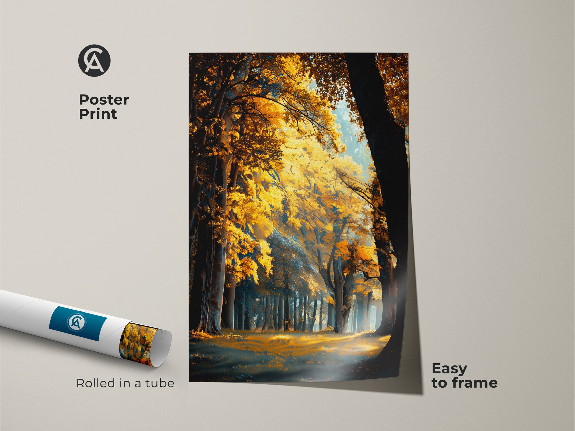 Poster print featuring an autumn forest scene. The artwork is rolled in a tube for protection. Easy to frame and display. A vibrant landscape for your home.