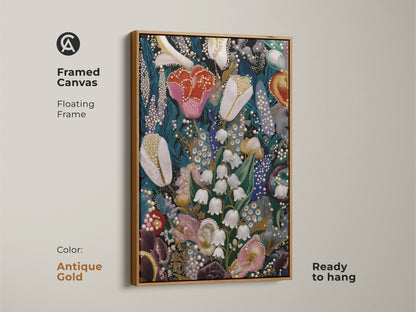 Framed Canvas of Lily of the Valley and Tulips botanical artwork. The antique gold floating frame canvas is ready to hang. This deep green pink and teal art adds nature to your home. A unique gift for plant lovers seeking eclectic botanical art. Enhance any space with this floral print.