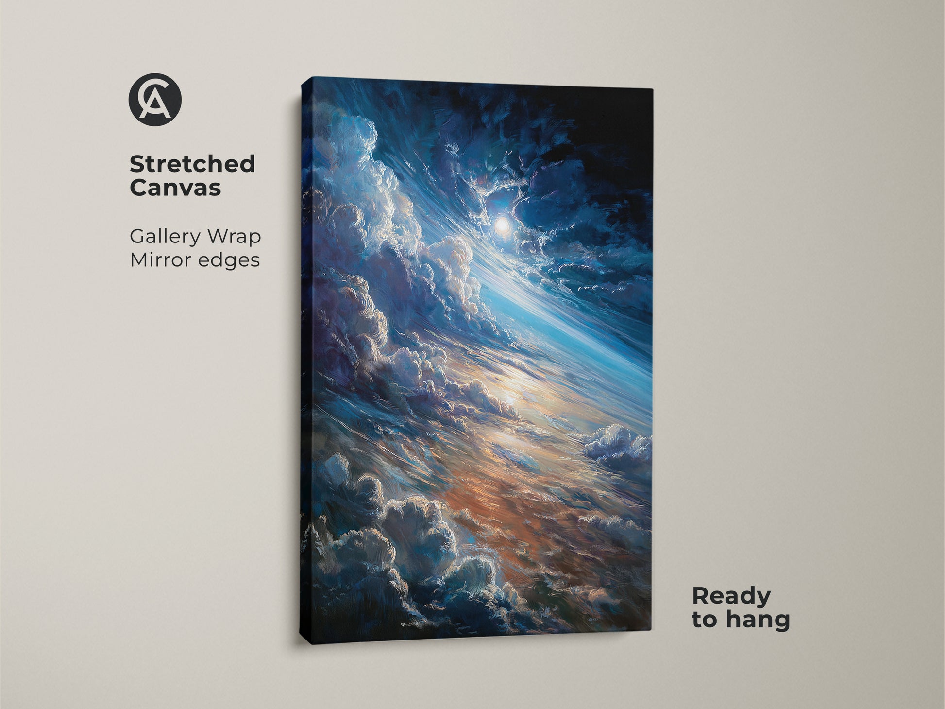 Stretched canvas art showcases a breathtaking space scene. The artwork features clouds and a radiant sun. This gallery-wrapped canvas is ready to hang. It brings cosmic beauty to your living space. Elevate your home decor with captivating space art.