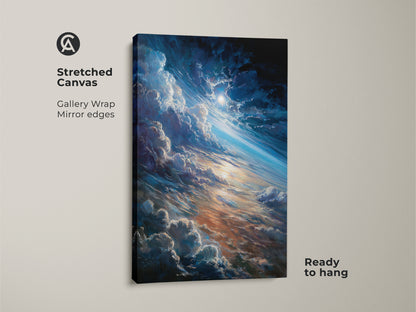 Stretched canvas art showcases a breathtaking space scene. The artwork features clouds and a radiant sun. This gallery-wrapped canvas is ready to hang. It brings cosmic beauty to your living space. Elevate your home decor with captivating space art.