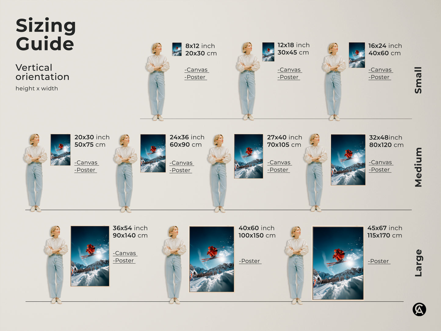 Sizing guide for vertical skiing art prints. Options include canvas and poster formats. Available in small medium and large sizes. Find the perfect fit for your space. Each size showcases a skier jumping against a mountain backdrop. Ideal for any room