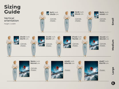 Sizing guide for vertical skiing art prints. Options include canvas and poster formats. Available in small medium and large sizes. Find the perfect fit for your space. Each size showcases a skier jumping against a mountain backdrop. Ideal for any room